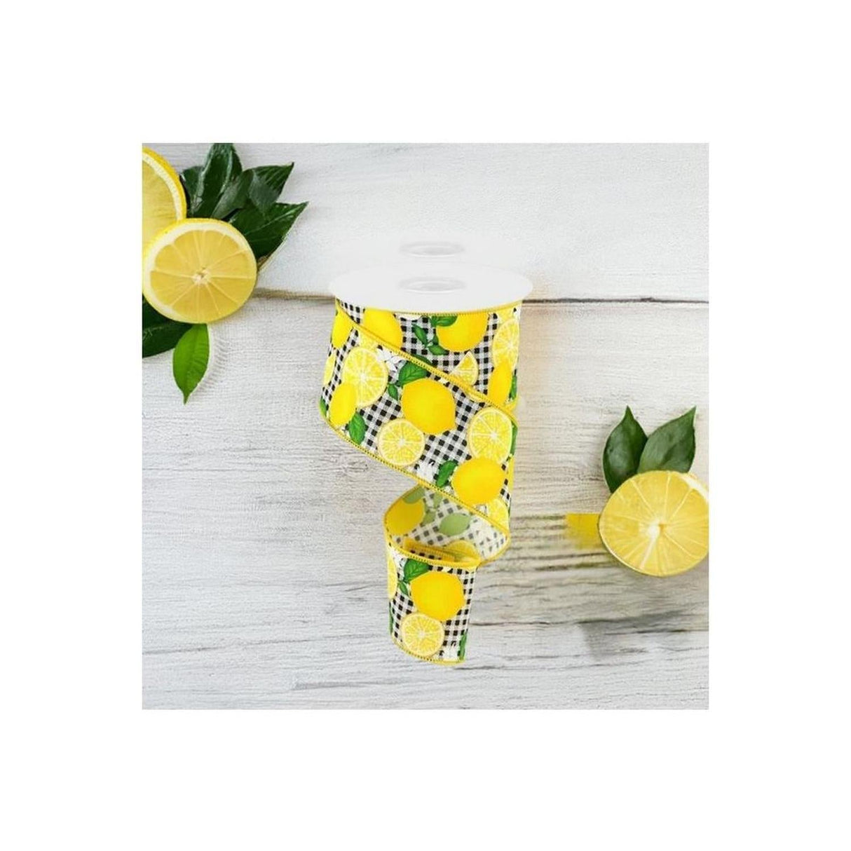 2.5" Lemon with Leaves Check Ribbon: Black & White (10 Yards)