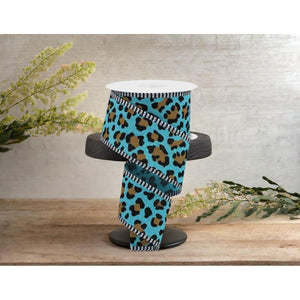 2.5" Leopard Print Thin Stripe Ribbon: Light Teal (10 Yards)