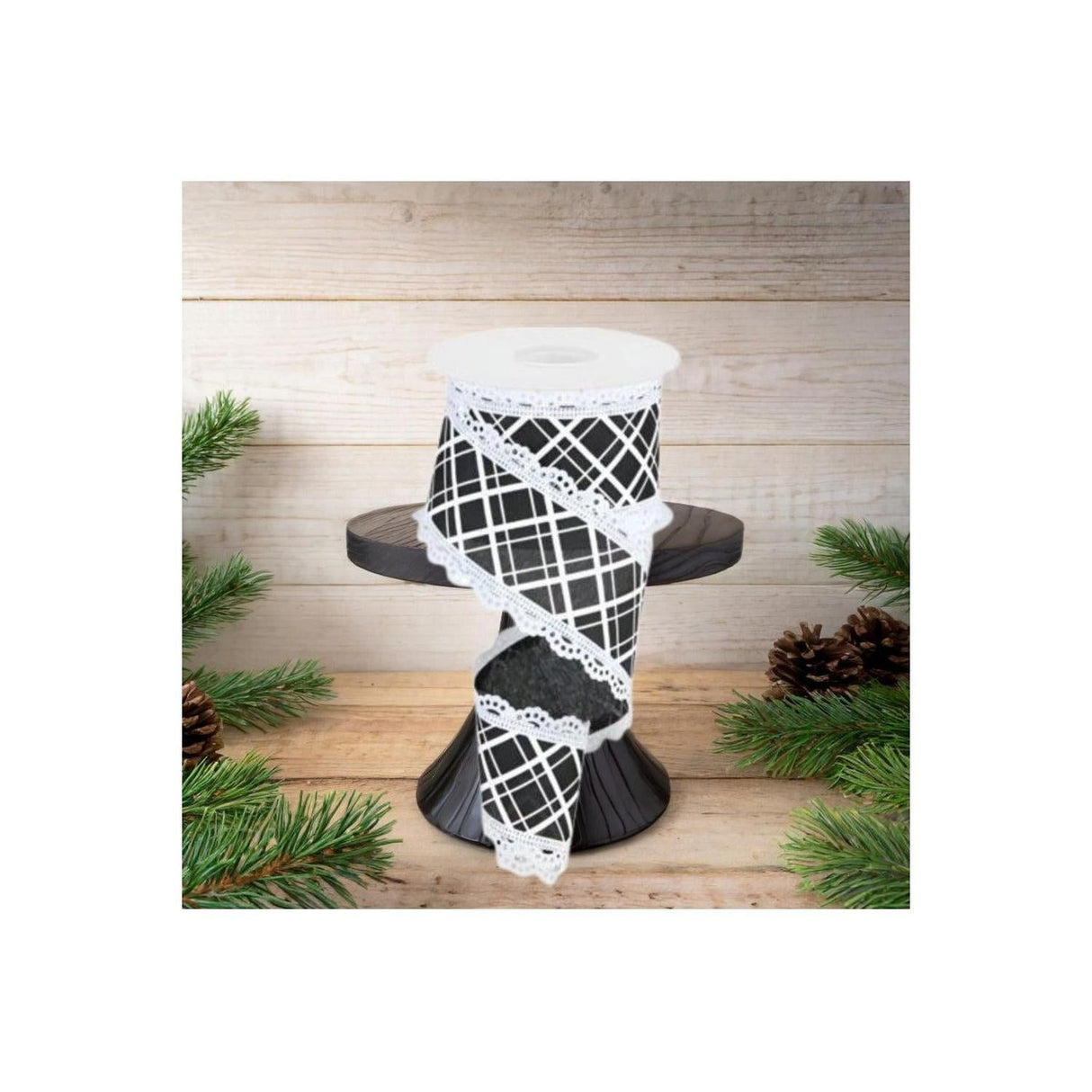 2.5" Line Check Lace Ribbon: Black/White (10 Yard)