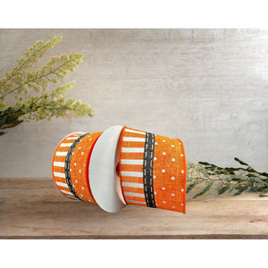 2.5" Linen Dots & Stripes Ribbon: Orange, Black, White (10 Yards)