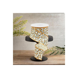 2.5" Metallic Leopard Print Burlap Ribbon: Off White (10 Yards)