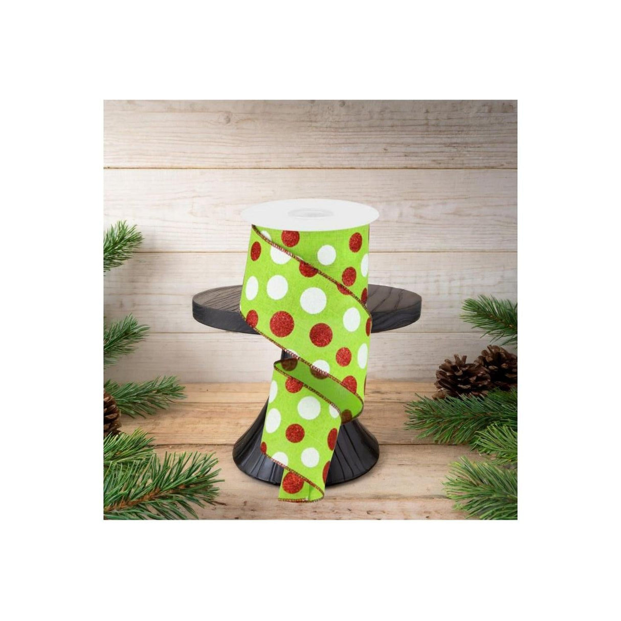 2.5" Multi Glitter Dots Ribbon: Lime Green, Red, White (10 Yards)