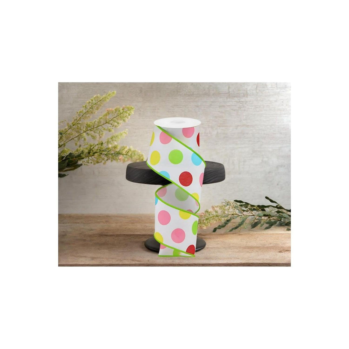 2.5" Multi Polka Dots on Royal Ribbon: White/Green (10 Yards)