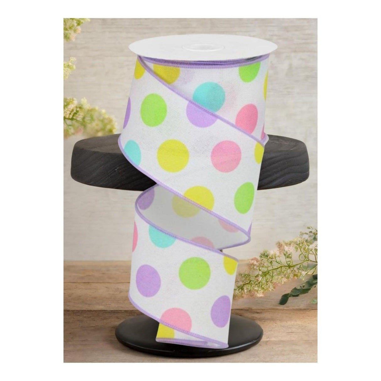 2.5" Multi Polka Dots on Royal Ribbon: White/Lavender (10 Yards)