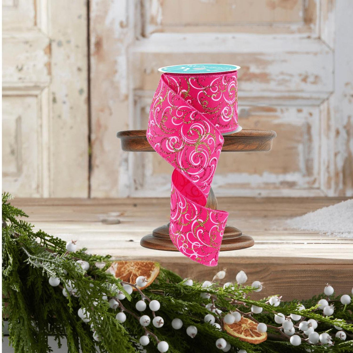2.5" Multi Swirls Glitter Ribbon: Hot Pink/Lime/White (10 Yard)