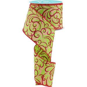 2.5" Multi Swirls Glitter Ribbon: Lime Green/Pink/Red (10 Yard)