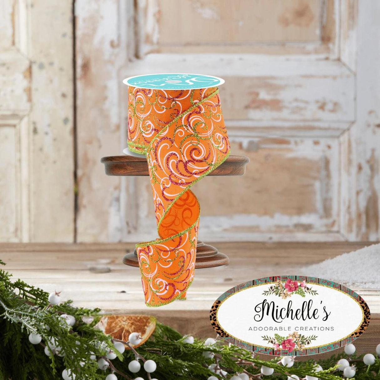 2.5" Multi Swirls Glitter Ribbon: Orange/Pink/Lime (10 Yard)