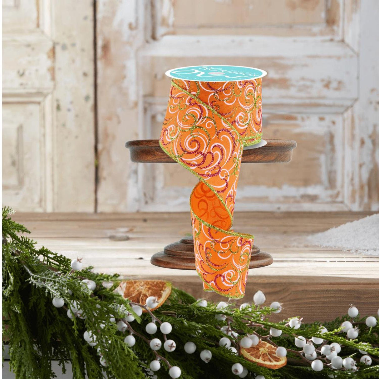 2.5" Multi Swirls Glitter Ribbon: Orange/Pink/Lime (10 Yard)