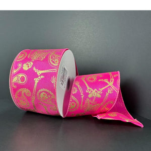2.5" Paisley Skull Halloween Ribbon: Fuchsia (10 Yards)