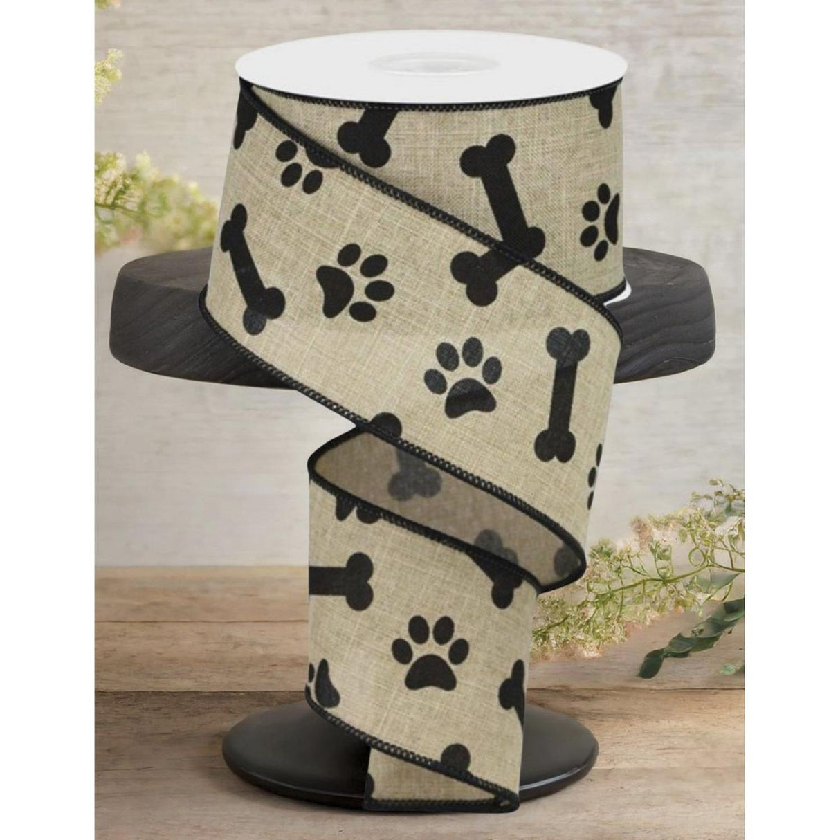 2.5" Paw Print Royal Ribbon: Light Beige & Black (10 Yards)