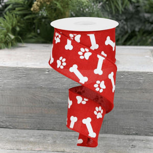 2.5" Paw Print Royal Ribbon: Red & White (10 Yards)