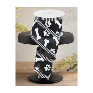 2.5" Paw Print Thin Stripe Ribbon: Black & White (10 Yards)