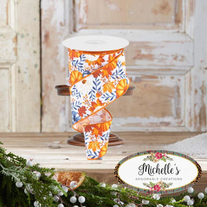 2.5" Pumpkin Foliage Ribbon: White/Navy (10 Yards)