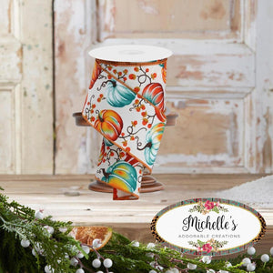 2.5" Pumpkins Bittersweet Ribbon: Ivory/Teal/Rust