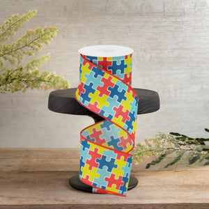 2.5" Puzzle Piece Ribbon: Autism Awareness (10 Yards)