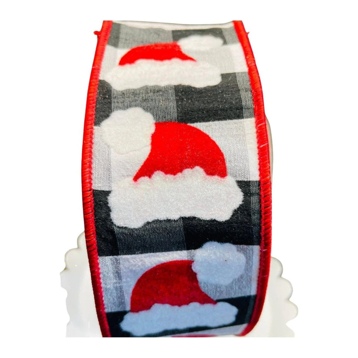 2.5" Santa Hats on Check Ribbon: Black & White (10 Yards)