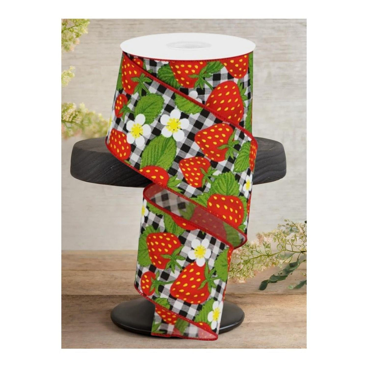2.5" Strawberries on Check Ribbon: Black & White (10 Yards)