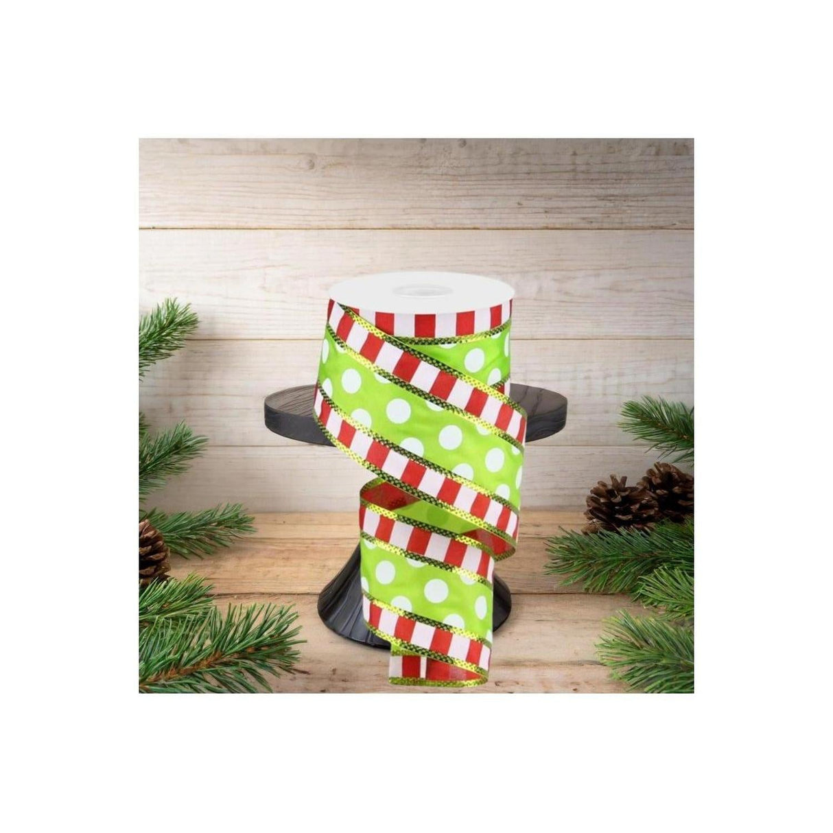 2.5" Striped Edge Polka Dot Ribbon: Red, Green & White (10 Yards)