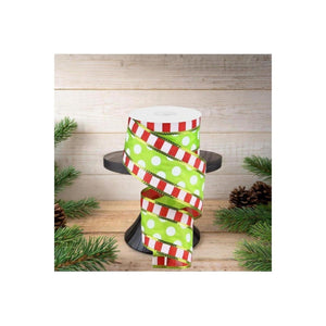 2.5" Striped Edge Polka Dot Ribbon: Red, Green & White (10 Yards)