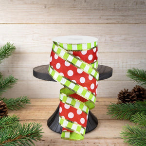 2.5" Striped Edge Polka Dot Ribbon: Red, Lime & White (10 Yards)