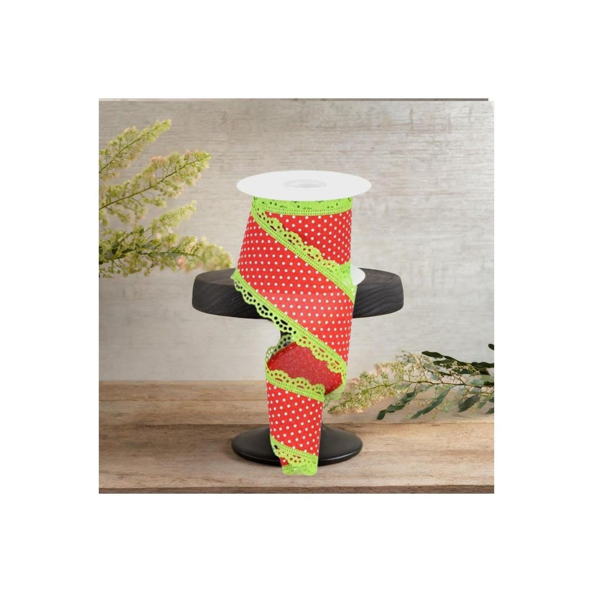 2.5" Swiss Dots Lace Edge Ribbon: Red/Lime Green (10 Yards)