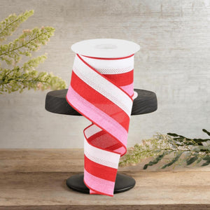 2.5" Tricolor Striped Ribbon: White, Pink, and Red (10 Yards)