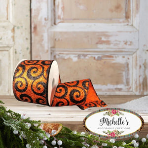 2.5" Ultra Glitter Swirls Ribbon: Orange & Black (10 Yards)