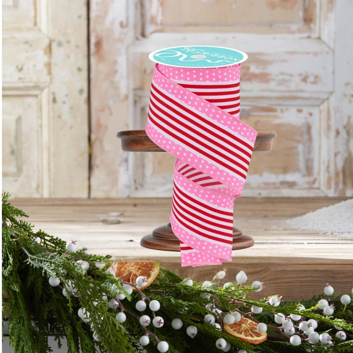 2.5" Vertical Stripe Polka Dot Edge Ribbon: Red/Pink (10 Yards)