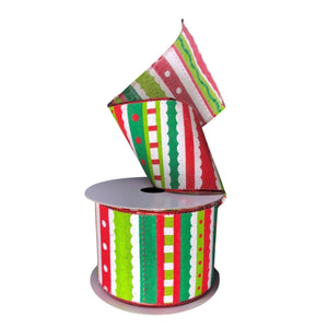 2.5" Whimsy Stripe Ribbon: Lime, Red, White (10 Yards)