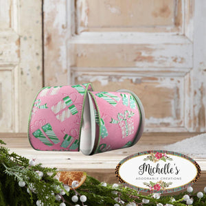 2.5" Wrapped Gifts Ribbon: Pink and Mint (10 Yards)