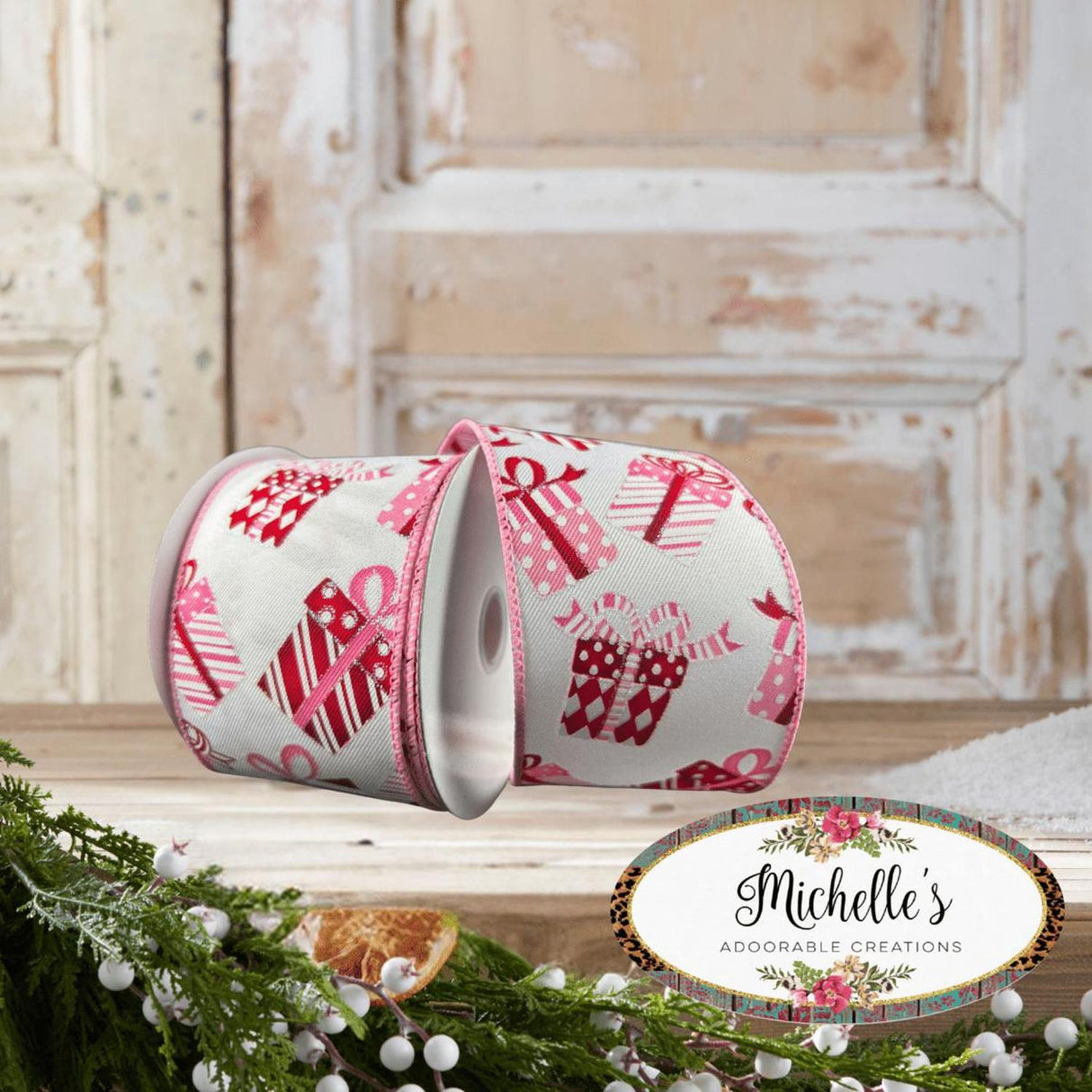 2.5" Wrapped Gifts Ribbon: Red, Pink, and White (10 Yards)
