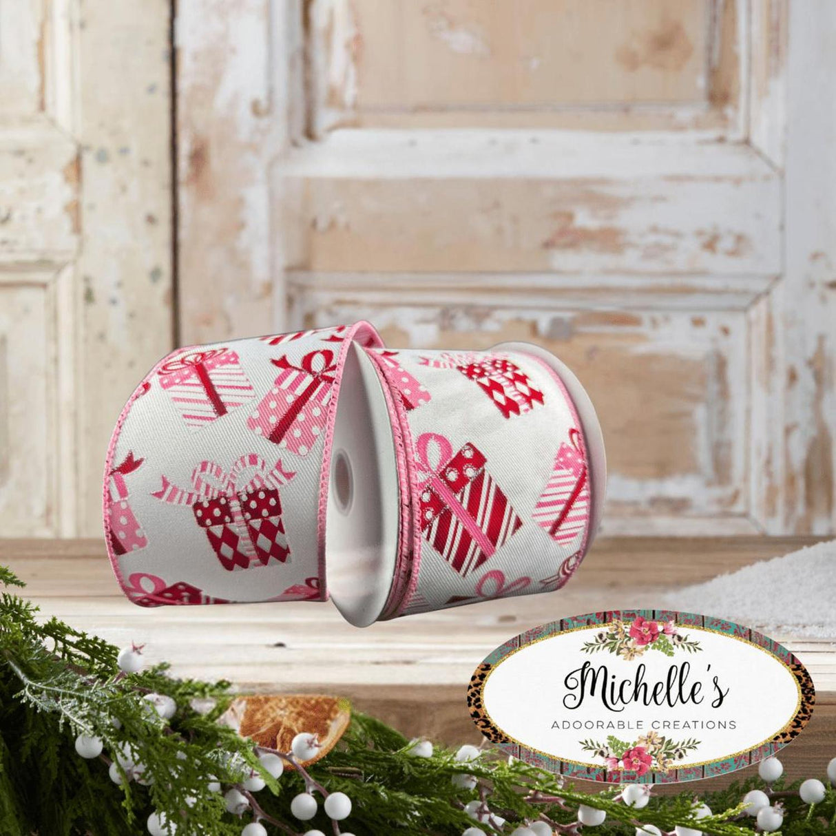 2.5" Wrapped Gifts Ribbon: Red, Pink, and White (10 Yards)