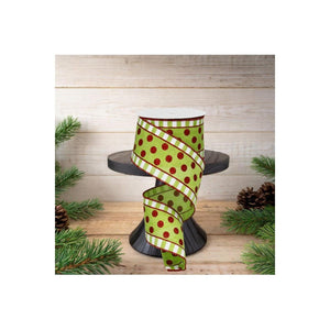 2.5in Dots & Stripes Glitter Ribbon: Lime Green, White, Red (10 Yards)