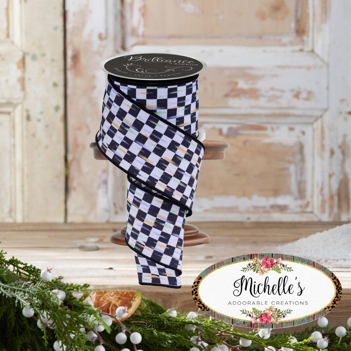 2.5in Mini Antique Checker Ribbon: Black (10 Yards)