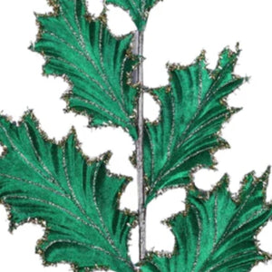 28" Tinsel Holly Leaf Spray: Emerald Green