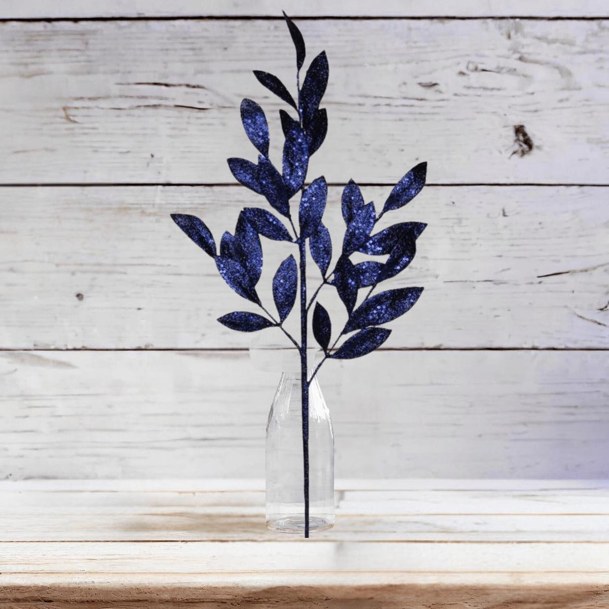 31" Glitter Bay Leaf Spray: Navy Blue