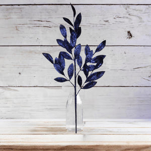 31" Glitter Bay Leaf Spray: Navy Blue