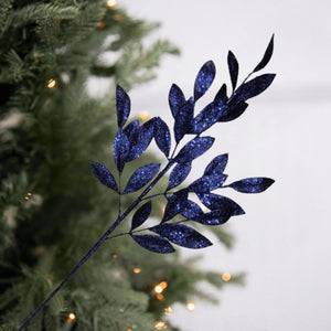 31" Glitter Bay Leaf Spray: Navy Blue