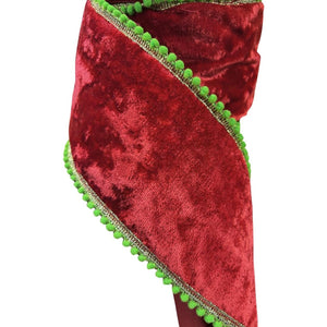 4" Beaded Pom Edge Ribbon: Red/Lime (10 Yards)