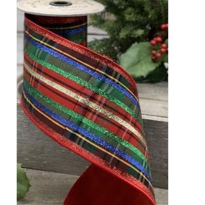4" Dupion Traditional Plaid Glitter Ribbon: Red, Green & Blue (5 Yards)