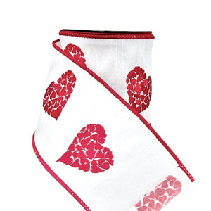 4" Embroidered Hearts Ribbon: White/Red (10 Yards)