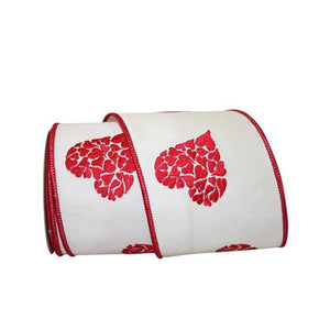 4" Embroidered Hearts Ribbon: White/Red (10 Yards)