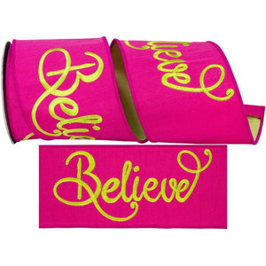 4" Embroidery Believe Ribbon: Hot Pink/Lime Green (5 Yards)