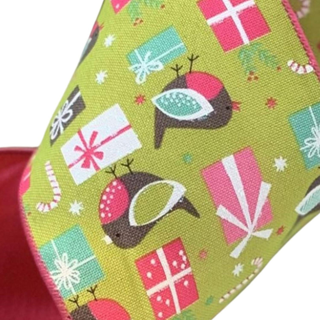 4" Faux Linen Bird Ribbon: Hot Pink & Green (10 Yards)