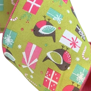 4" Faux Linen Bird Ribbon: Hot Pink & Green (10 Yards)