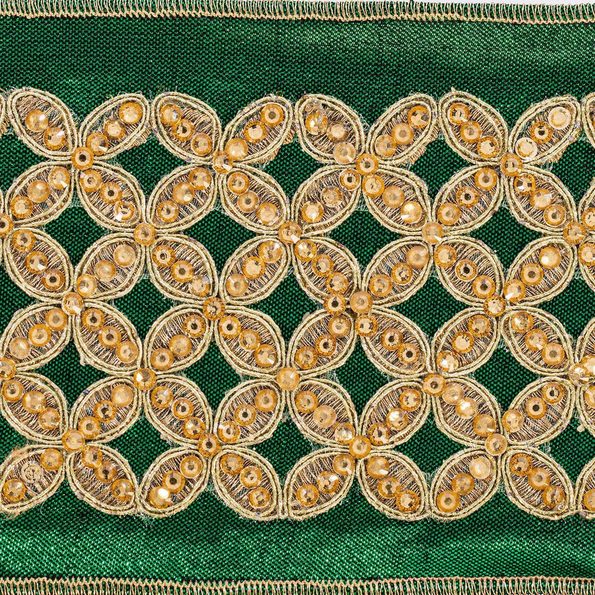 4 inch Jeweled Ribbon: Green/Gold (5 Yards)