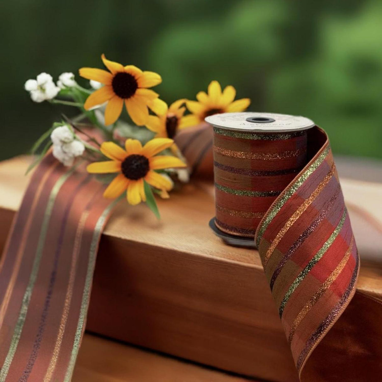 4" Plaid Glitter Stripe Ribbon: Autumn Orange (5 Yards)