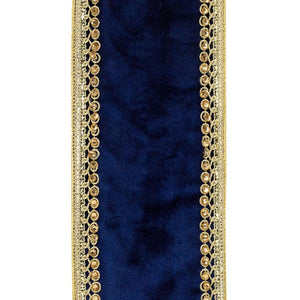 4" Velvet Deluxe Jewel Ribbon: Navy/Gold (5 Yards)