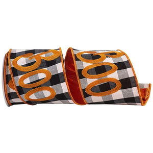 4in Boo Embroidered Check Wired Ribbon (5 Yards)