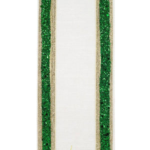 4in Dupioni Regalia Glitter Ribbon: Green/White (5 Yards)